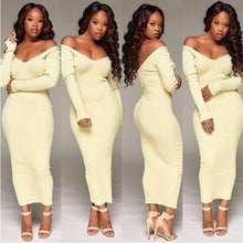 Load image into Gallery viewer, Skinny Ribbed Sweater white maxi knitted Dress Women Slash Neck Off Shoulder Long Sleeve Dresses Slim Sexy vestido long robe cot