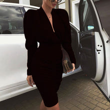Load image into Gallery viewer, Elegant Dress Women V-Neck Lantern Sleeve Solid Spring Knee-Length OL Work High Waist Long Sleeve Party Sexy Bodycon Vestidos