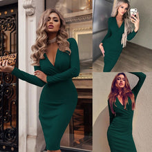 Load image into Gallery viewer, 2020 Fashion Women Summer Long Sleeve Bandage Stretch Bodycon Plain Deep V Evening Party Short Dress Beige Black Green Red hot