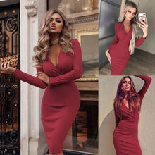 Load image into Gallery viewer, 2020 Fashion Women Summer Long Sleeve Bandage Stretch Bodycon Plain Deep V Evening Party Short Dress Beige Black Green Red hot