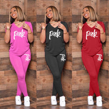 Load image into Gallery viewer, 2020 New Women Pink Letter Print Two Pieces Suits Sets T-Shirt + Biker Pants Outfits 2 Piece Set Fitness Women Summer Tracksuits