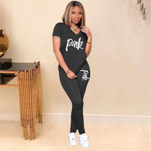 Load image into Gallery viewer, 2020 New Women Pink Letter Print Two Pieces Suits Sets T-Shirt + Biker Pants Outfits 2 Piece Set Fitness Women Summer Tracksuits