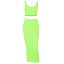 Load image into Gallery viewer, Hugcitar spaghetti straps crop tops skirt 2 pieces sets 2019 summer women neon green solid party streetwear female slim elegant