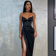 Load image into Gallery viewer, Cryptographic Spaghetti Straps Black Sexy Backless Midi Dresses Gown Party Club Sleeveless Bodycon Split Dress Vestidos Solid