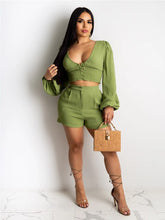 Load image into Gallery viewer, Adogirl Women Solid Casual Two Piece Set Buttons V Neck Long Lantern Sleeve Crop Top High Waist Shorts Cotton Wrinkle Suit