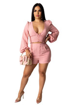 Load image into Gallery viewer, Adogirl Women Solid Casual Two Piece Set Buttons V Neck Long Lantern Sleeve Crop Top High Waist Shorts Cotton Wrinkle Suit