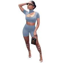Load image into Gallery viewer, Adogirl 2020 Summer Solid Women Set 2 Piece Tracksuit Stand Collar Hollow Out Short Sleeve T Shirt Crop Top Shorts Fitness Suit