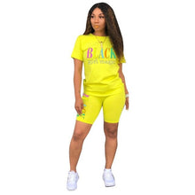 Load image into Gallery viewer, Adogirl Letter Print Summer Casual Two Piece Set O Neck Short Sleeve T Shirt Top Skinny Shorts Fashion Tracksuit Female Clothes