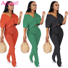 Load image into Gallery viewer, Adogirl S-3XL Solid Two Piece Set Women Tracksuit Zipper V Neck Short Sleeve T Shirt Crop Top Ruched Pants Fashion Casual Suits