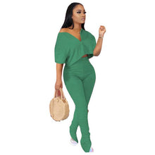 Load image into Gallery viewer, Adogirl S-3XL Solid Two Piece Set Women Tracksuit Zipper V Neck Short Sleeve T Shirt Crop Top Ruched Pants Fashion Casual Suits