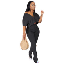 Load image into Gallery viewer, Adogirl S-3XL Solid Two Piece Set Women Tracksuit Zipper V Neck Short Sleeve T Shirt Crop Top Ruched Pants Fashion Casual Suits