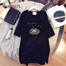 Load image into Gallery viewer, Women Plus Size Dress Summer Short Sleeve Leopard Lips Letter Print Casual Loose Oversize Dresses Harajuku Mini Tshirt Dress