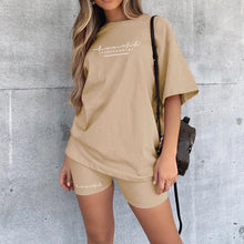 Load image into Gallery viewer, Letter Print 2 Piece Sets Outfits For Women Short Sleeve Oversize TShirt Top Joggers Elastic Biker Shorts Set Summer Lounge Wear