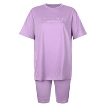 Load image into Gallery viewer, Letter Print 2 Piece Sets Outfits For Women Short Sleeve Oversize TShirt Top Joggers Elastic Biker Shorts Set Summer Lounge Wear