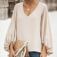 Load image into Gallery viewer, Chiffon Lantern Sleeve Elegant Women Blouse V Neck Solid Loose Female Blouses 2020 Fashion Autumn Ladies Plus Size Top Clothes