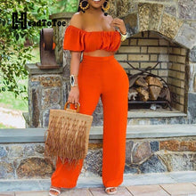 Load image into Gallery viewer, Solid Orange Bandeau Off Shoulder Crop Tops & High Waist Pants Set Casual Women Two Pieces Set Outfits Streetwear