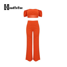 Load image into Gallery viewer, Solid Orange Bandeau Off Shoulder Crop Tops & High Waist Pants Set Casual Women Two Pieces Set Outfits Streetwear