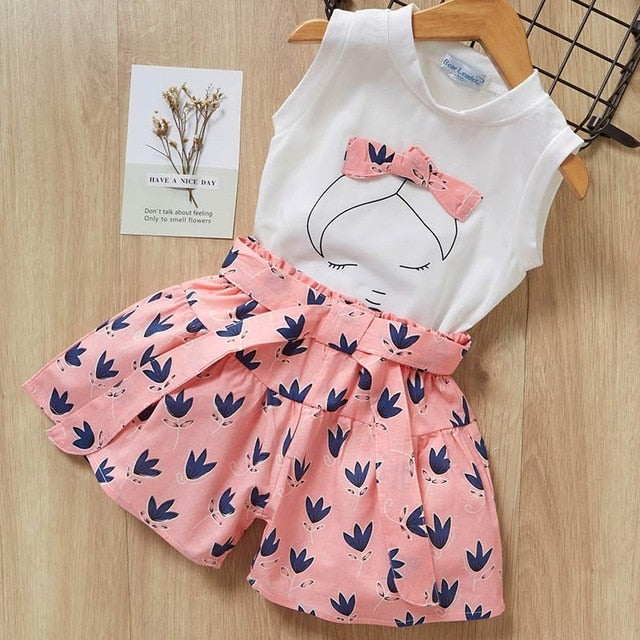 New Summer Girls Clothing Sets Fashion with flowers Sleeveless T-shirt printed shorts outfits 2Pcs Casual Kids Clothing Sets