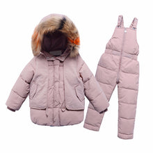 Load image into Gallery viewer, 2Pcs Children&#39;s Clothes Sets 2019 New Girls and Boys Winter Fur Hooded Jacket+Romper Overalls Suit for Baby Kids Warm Clothing
