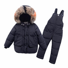 Load image into Gallery viewer, 2Pcs Children&#39;s Clothes Sets 2019 New Girls and Boys Winter Fur Hooded Jacket+Romper Overalls Suit for Baby Kids Warm Clothing
