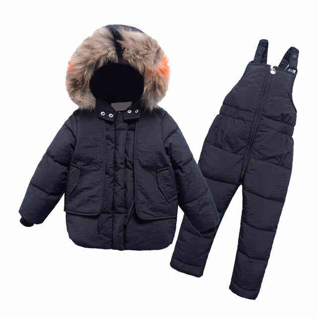 2Pcs Children's Clothes Sets 2019 New Girls and Boys Winter Fur Hooded Jacket+Romper Overalls Suit for Baby Kids Warm Clothing
