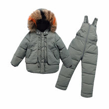 Load image into Gallery viewer, 2Pcs Children&#39;s Clothes Sets 2019 New Girls and Boys Winter Fur Hooded Jacket+Romper Overalls Suit for Baby Kids Warm Clothing
