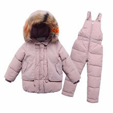 Load image into Gallery viewer, 2Pcs Children&#39;s Clothes Sets 2019 New Girls and Boys Winter Fur Hooded Jacket+Romper Overalls Suit for Baby Kids Warm Clothing
