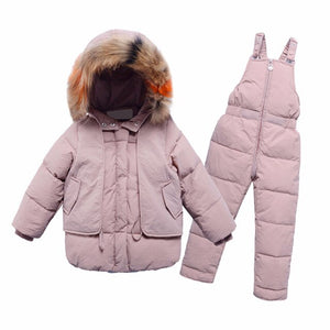 2Pcs Children's Clothes Sets 2019 New Girls and Boys Winter Fur Hooded Jacket+Romper Overalls Suit for Baby Kids Warm Clothing