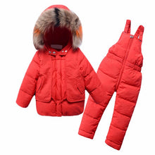 Load image into Gallery viewer, 2Pcs Children&#39;s Clothes Sets 2019 New Girls and Boys Winter Fur Hooded Jacket+Romper Overalls Suit for Baby Kids Warm Clothing
