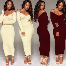 Load image into Gallery viewer, Skinny Ribbed Sweater white maxi knitted Dress Women Slash Neck Off Shoulder Long Sleeve Dresses Slim Sexy vestido long robe cot
