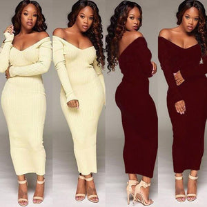 Skinny Ribbed Sweater white maxi knitted Dress Women Slash Neck Off Shoulder Long Sleeve Dresses Slim Sexy vestido long robe cot
