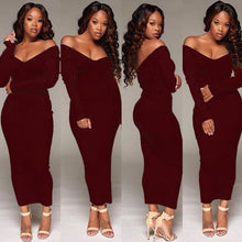 Load image into Gallery viewer, Skinny Ribbed Sweater white maxi knitted Dress Women Slash Neck Off Shoulder Long Sleeve Dresses Slim Sexy vestido long robe cot
