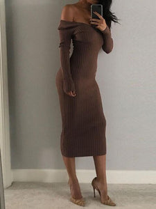 Skinny Ribbed Sweater white maxi knitted Dress Women Slash Neck Off Shoulder Long Sleeve Dresses Slim Sexy vestido long robe cot