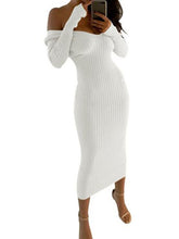 Load image into Gallery viewer, Skinny Ribbed Sweater white maxi knitted Dress Women Slash Neck Off Shoulder Long Sleeve Dresses Slim Sexy vestido long robe cot
