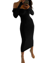 Load image into Gallery viewer, Skinny Ribbed Sweater white maxi knitted Dress Women Slash Neck Off Shoulder Long Sleeve Dresses Slim Sexy vestido long robe cot
