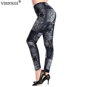 VISNXGI New Woman Fashion Jeans Print Denim Ankle-Length Imitation Skinny Jeans Holes Spandex Straight Slim Jeans Women Leggings