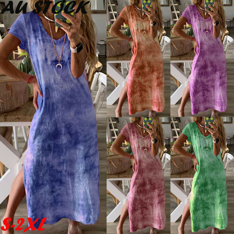 New Women Summer Ethnic Boho Cotton Linen Tie-Dye Split Hem Short Sleeve Long Maxi Casual Dress Gypsy T-Shirt Ladies Plus Size