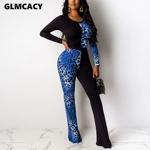 Women Leopard Printed Long Sleeve Bodycon Jumpsuit Wide Leg Stretch Chic Sexy & Club Streetwear Skinny Female Overall