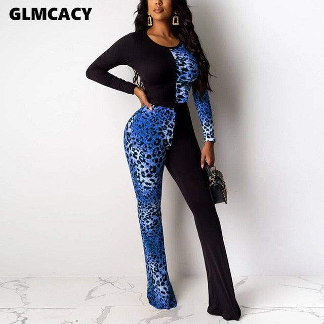 Women Leopard Printed Long Sleeve Bodycon Jumpsuit Wide Leg Stretch Chic Sexy & Club Streetwear Skinny Female Overall