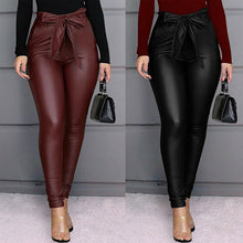 Load image into Gallery viewer, New Women Sexy PU Leather Stretchy Leggings High Waist Bow Lacing Slim Skinny Legging Skinny Ladies Office Long Trousers Casual

