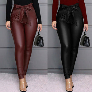 New Women Sexy PU Leather Stretchy Leggings High Waist Bow Lacing Slim Skinny Legging Skinny Ladies Office Long Trousers Casual