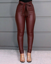 Load image into Gallery viewer, New Women Sexy PU Leather Stretchy Leggings High Waist Bow Lacing Slim Skinny Legging Skinny Ladies Office Long Trousers Casual
