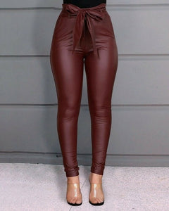 New Women Sexy PU Leather Stretchy Leggings High Waist Bow Lacing Slim Skinny Legging Skinny Ladies Office Long Trousers Casual