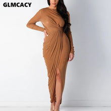 Load image into Gallery viewer, Women Long Sleeve Slit Pleated Bodycon Dress Backless O-neck Chic Solid See Through Sexy &amp; Club Party Dress
