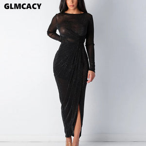 Women Long Sleeve Slit Pleated Bodycon Dress Backless O-neck Chic Solid See Through Sexy & Club Party Dress