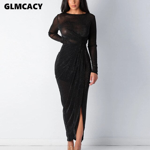Women Long Sleeve Slit Pleated Bodycon Dress Backless O-neck Chic Solid See Through Sexy & Club Party Dress