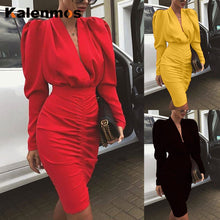 Load image into Gallery viewer, Elegant Dress Women V-Neck Lantern Sleeve Solid Spring Knee-Length OL Work High Waist Long Sleeve Party Sexy Bodycon Vestidos
