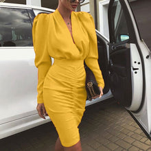 Load image into Gallery viewer, Elegant Dress Women V-Neck Lantern Sleeve Solid Spring Knee-Length OL Work High Waist Long Sleeve Party Sexy Bodycon Vestidos
