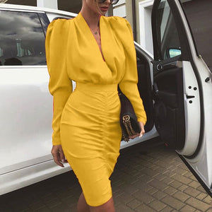 Elegant Dress Women V-Neck Lantern Sleeve Solid Spring Knee-Length OL Work High Waist Long Sleeve Party Sexy Bodycon Vestidos