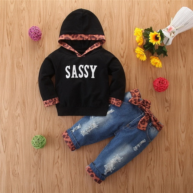 2019 2PCS Outfit Children Suit Fashion Toddler Kids Girls Clothing Set Hooded Sweatshirts Tops+Jean Denim Pant Leopard Decor D20